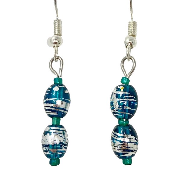 Murano Style Blue Silver Art Glass Bead Earrings Plated Dainty Dangle Handmade - Picture 2 of 7